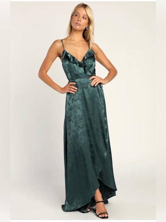 Lulus Dresses & Skirts - Emerald Green Satin Wrap Maxi Dress with slight tear